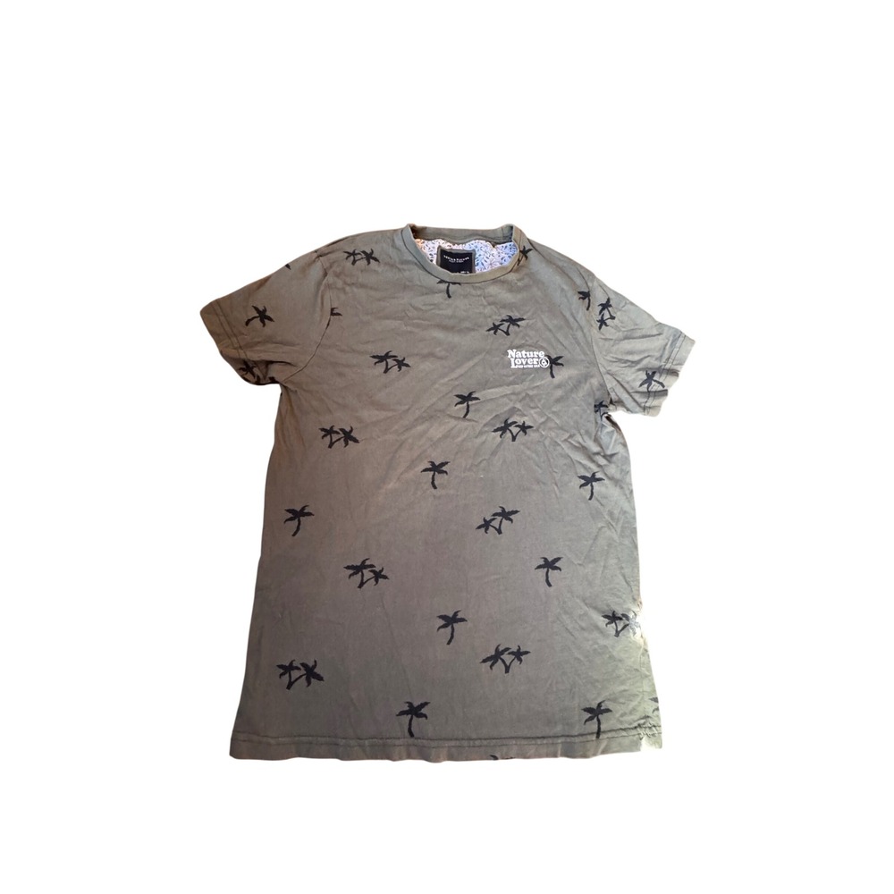DENIM‎ & FLOWER RICKY SINGH Palm Tree Print TShirt Khaki Green Men's Small